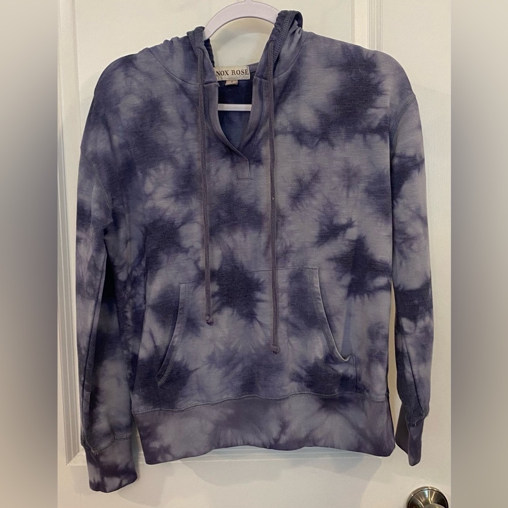 Knox Rose Hoodie Small Blue Tie Dye Kangaroo Pocket Crochet On Sleeve Drawstring